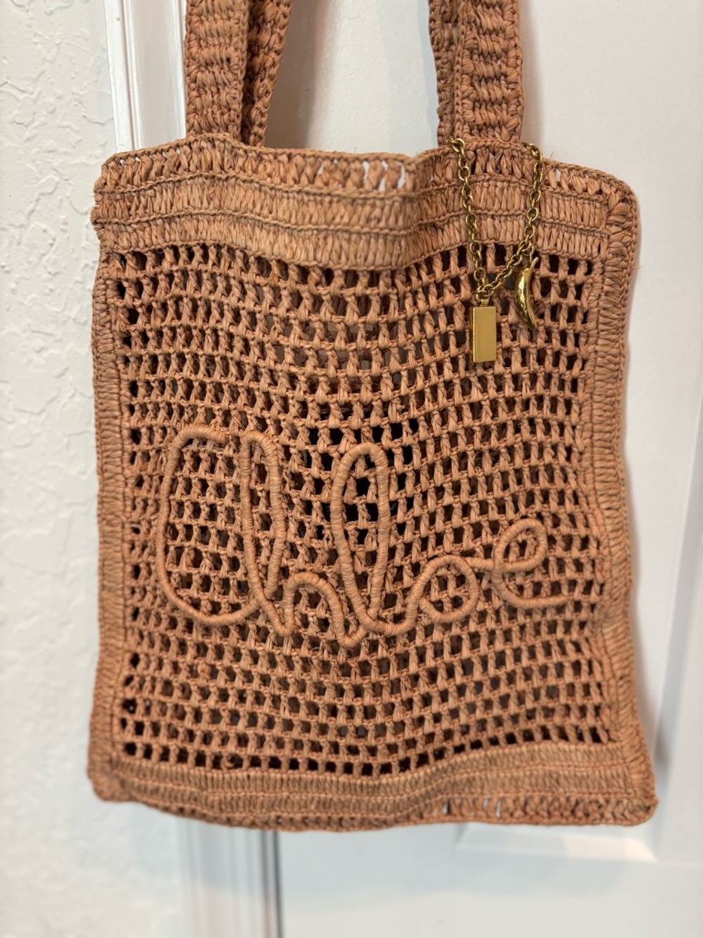 Chloé Crochet Tote in Tan with Gold-Tone Charm - Picture 2 of 6